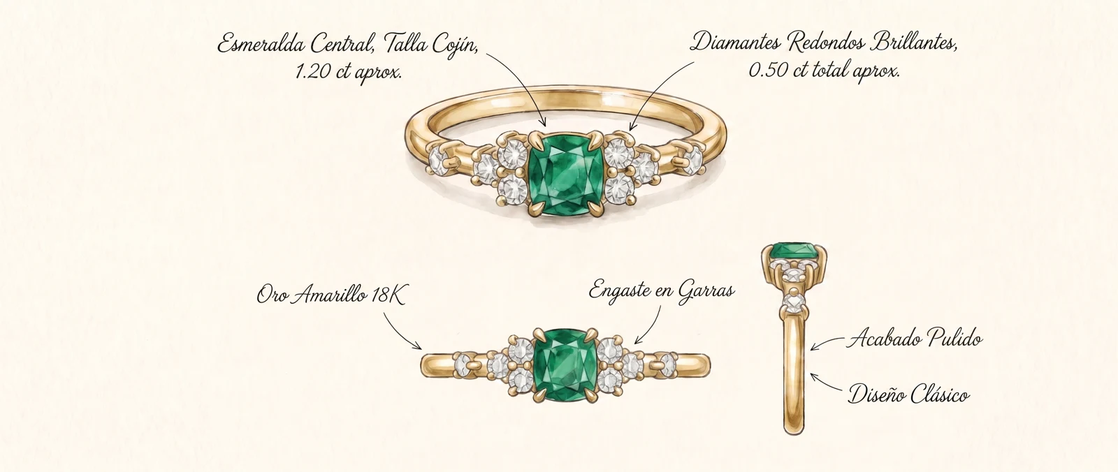 Boceto de anillo con esmeralda y diamantes, con vistas frontal y lateral y anotaciones de sus materiales