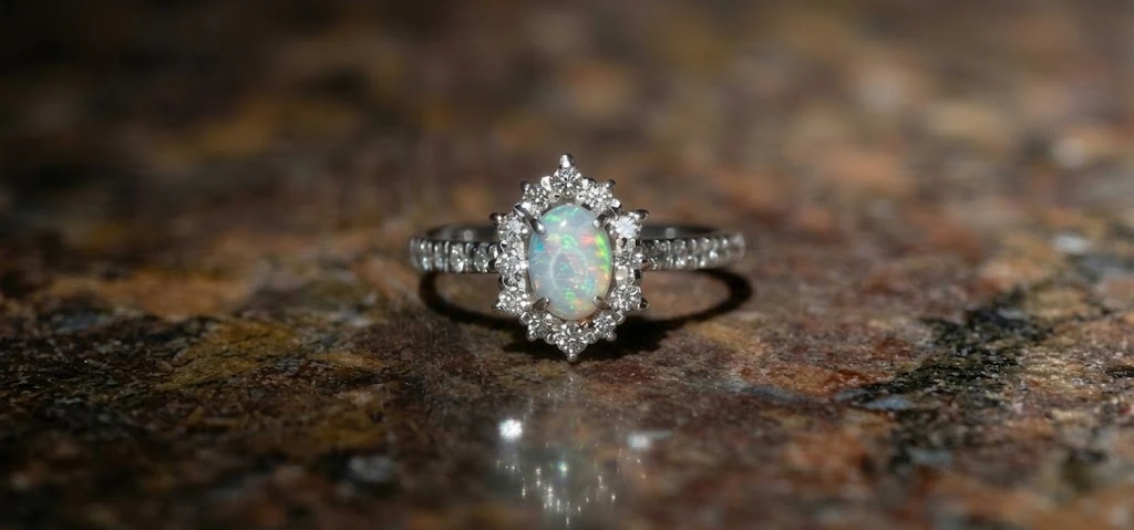 Anillo artesanal con gema clara y detalles engastados sobre una superficie de piedra